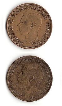 Pennies showing George V and George VI