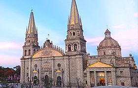 Guadalajara Cathedral, built between 1561-1618 (spires and dome were rebuilt between 1851-1854) by Martín Casillas, José Gutiérrez, Manuel Gómez Ibarra.[91][92]