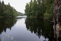 Lakes and other water bodies are common in the taiga. The Helvetinjärvi National Park, Finland, is situated in the closed canopy taiga (mid-boreal to south-boreal)[27] with mean annual temperature of 4 °C (39 °F).[28]