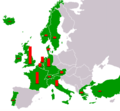 Països d'Europa que van rebre ajuts del Pla Marshall. Les columnes vermelles indiquen la quantitat de diners rebuts.