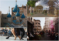 Clockwise from top: the Russian Orthodox Cathedral of the Holy Trinity, Lezama Park, a Tango show in Dorrego Square and antique fairs in Defensa Street.