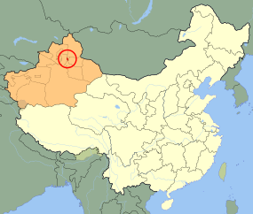 Wujiaqus läge i Xinjiang, Kina.