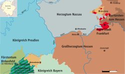 Map of Hesse-Homburg (two parts, beige, with Homburg and Meisenheim) and the Middle Rhine