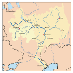 Kart over nedslagsfeltetet til Oka i nedslagsfeltet til Volga.