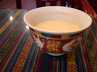 Butter tea or gur gur in the Ladakhi language, in a bowl; popular in Himalayan regions of India, particularly in Ladakh, Sikkim, and Arunachal Pradesh