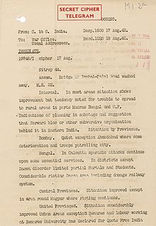 A single-paged official document on paper that appears old. Text is written with an old-style manual typewriter. The words "Secret Cipher Telegram" are prominently stamped atop the page.