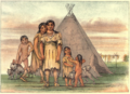 Residents of the Comanche village, approximately July 16, 1834. Catlin notes in his text, and depicts in the drawing, the fear of the dogs and children.