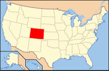 Map of the United States, showing the location of Colorado in red. Colorado is roughly in the center of the United States, south of Wyoming, West of Kansas and Nebraska, North of New Mexico, and East of Utah.