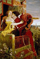1600年頃の衣装を身にまとった女性がバルコニーにおり、建物の外からそこへ上ってきた男性にキスされている情景を描いた絵画。