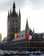 The belfry of the Cloth Hall in Ypres, Belgium