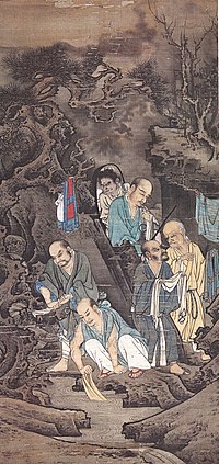 A portrait-oriented painting depicting six figures, five elderly, balding men, and one younger attendant, washing clothing on the edge of a river. The background is painted in dark colors while the figures are painted in white and light colors.