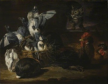 Peinture représentant un chat chassant des volailles dans un panier, en dessous des lapins et à droite un couple poule-coq.