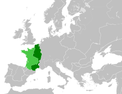 ราชอาณาจักรฝรั่งเศสใน ค.ศ. 1190 บริเวณสีเขียวอ่อนอยู่ภายใต้การปกครองของจักรวรรดิอ็องฌู