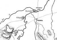 Location of the Heliodorus pillar in relation to Besnagar, Vidisha, Sanchi and the Udayagiri Caves.