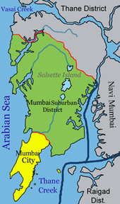 Bombay is on a narrow peninsula on the southwest of Salsette Island, which lies between the Arabian Sea to the west, Thane Creek to the east, and Vasai Creek to the north. Bombay's suburban district occupies most of the island. Navi Mumbai is east of Thane Creek, and the Thane District is north of Vasai Creek.
