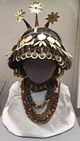 Reconstructed Sumerian headgear necklaces found in the tomb of Puabi, housed at the British Museum