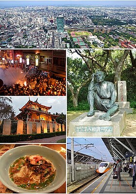 Clockwise from top: Downtown Tainan ,Statue of Yoichi Hatta ,THSR Tainan Station ,Dan zai noodles , Fort Provintia, Bee hives in Yanshui.