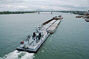 Towboat V.W. Meythaler upbound at Clark Bridge (2 of 2), Louisville, Kentucky, USA, 1987