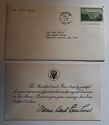 Photo of Presidential stationary and the envelope used to reply to a well-wisher of President Eisenhower during his hospital stay in Aurora. The stationary card has a facsimile signature of Mamie Eisenhower and was postmarked on November 6, 1955, in Denver Colorado. A three-cent commemorative of the White House paid the domestic rate to Franklin Square, NY.