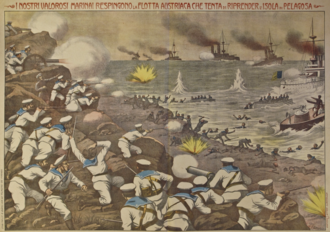 Italian sailors firing weapons from an island at troops and boats near the shore with naval ships in the background