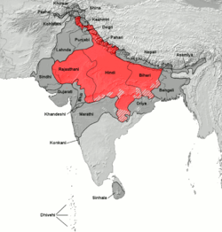 Area (merah) di mana beragam bahasa yang dianggap oleh sensus sebagai Hindi dituturkan secara asli
