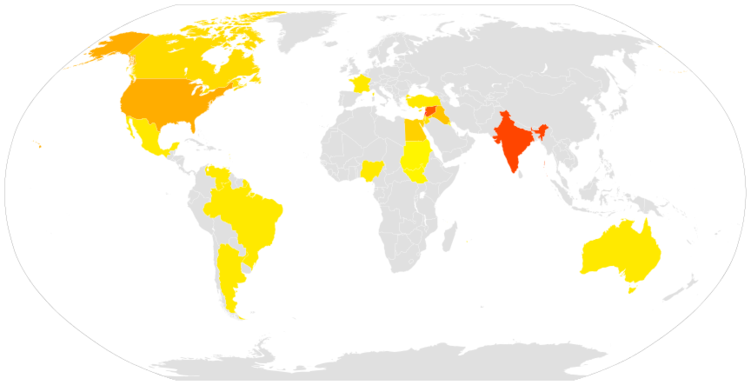 La gradación de rojo (Líbano) a amarillo (Kuwait, Sudán y Sudán del Sur) indica la mayor o menor cantidad de jurisdicciones.