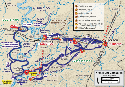 A map showing the main movements of the Union and Confederate armies between May 1 and June 7.