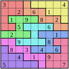 Uma grade de quebra-cabeça sudoku com muitas cores, com nove linhas e nove colunas que se cruzam em espaços quadrados. Alguns espaços são preenchidos com um dígito; outros são espaços em branco a serem resolvidos.