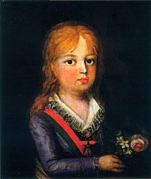 Слика са портретом до пола дужине малог детета са таласастом кестењастом косом, које носи плаву јакну, кошуљу са чипком са отвореним изрезом и пругасти појас, и држи мали букет цвећа