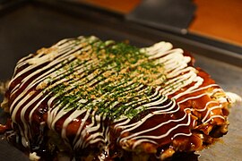 Japanese okonomiyaki, a savoury pancake containing a variety of ingredients