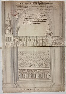 Dessin représentant une coupe longitudinale de l'abbatiale d'une grande église romane avec un grand massif occidental et un tombeau avec un gisant sur une dalle posée sur des arcatures abritant des pleurants