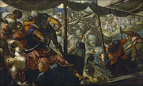 The Rape of Helen by Tintoretto (1578–1579, Museo del Prado, Madrid); emañ Helen en he gourvez en ur c'horn eus ar vag e-kerzh an emgann[1].