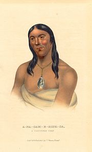 A-na-cam-e-gish-ca (Aanakamigishkaang/"[Traces of] Foot Prints [upon the Ground]"), Ojibwe chief, from History of the Indian Tribes of North America