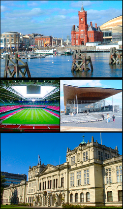 From upper left: Cardiff Bay, The Millennium Stadium, The Senedd, and Cardiff University