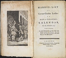 Two pages from the book: on the left an engraving showing a man talking to a prostitute; on the right, the title details