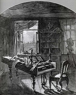 Atelier de Beethoven à la Schwarzspanierhaus, sa dernière résidence, en 1827. Tableau de J.N. Hoechle.