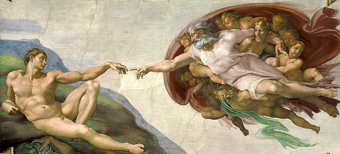 Creation of Adam () by Michelangelo on the ceiling of the Sistine Chapel.