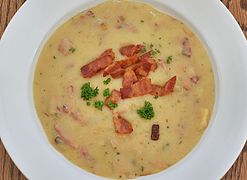 Parmesan potato soup topped with bacon