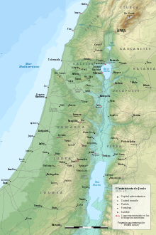 Mapa topográfico destacando en rojo los lugares mencionados en los evangelios canónicos.