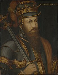 a head and shoulders drawing of Edward III, in armour and bearing a sword
