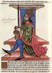 Chronica Hungarorum, Thuróczy chronicle, King Andrew II of Hungary, throne, crown, orb, scepter, medieval, Hungarian chronicle, book, illustration, history