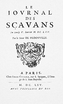 Capa do Journal des Savants em preto e branco.Texto em francês