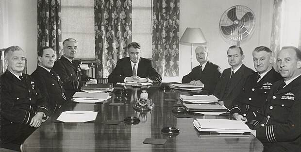 Eight men seated at a table, five in military uniforms and the others in business suits