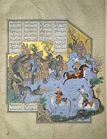 Faridun in the guise of a dragon test his sons, from the شاہنامہ of Shah Tahmasp, attributed to Aqa Mirak (c. 1525–35)
