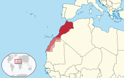 The striped area on the map shows Western Sahara, most of which is de facto administered by Morocco as its "Southern Provinces". Its sovereignty, however, is currently in dispute.