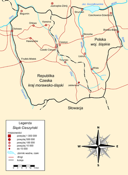 Polish map of Cieszyn Silesia. The solid black line is the historical border of the region, and the broken black line is the international border.