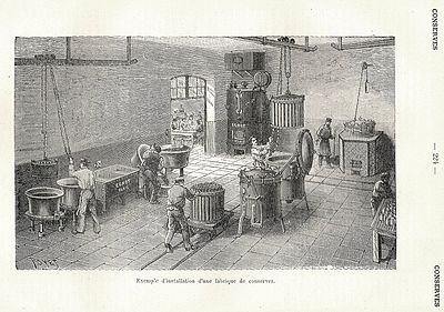 Säilykkeiden valmistusta. Albert Seigneurie: "Dictionnaire encyclopédique de l'épicerie et des industries annexes", 1904, sivu 224.