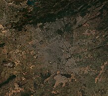 Satellite view of Islamabad-Rawalpindi Metropolitan Area with Margalla Hills in the north.