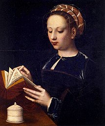 Ambrosius Benson, The Magdalen Reading, c 1525. This work shares van der Weyden's emphasis on the volume and bulk of her book, and similarly concentrates on her delicately rendered fingers.[61]