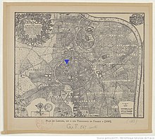 Plan ancien de Limoges, distinguant le quartier de la cité, autour de la cathédrale, au nord-est, et le quartier de la ville, au centre, avec l'abbaye Saint-Martial signalée par un triangle bleu sur la pointe.